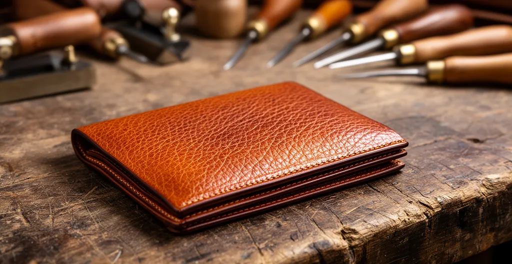 Gros plan sur un cuir pleine fleur montrant son grain naturel sur un établi en bois