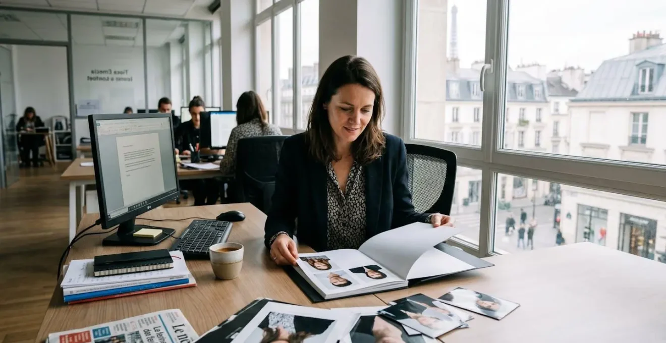 Agent d'une agence de mannequins parisienne examinant des portfolios dans un bureau contemporain