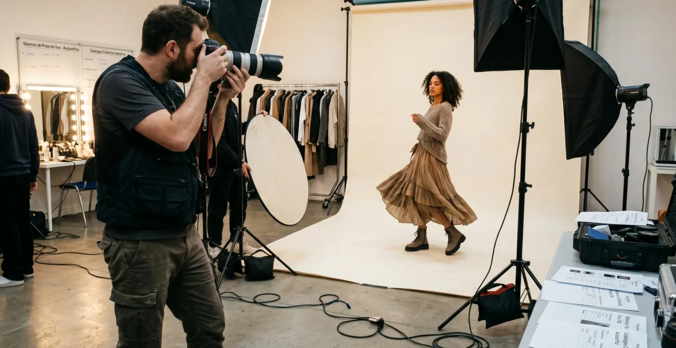 Séance photo professionnelle en studio avec mannequin et photographe travaillant sur un book photo commercial