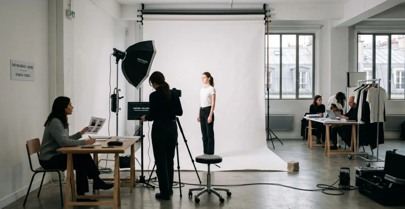Studio de casting moderne dans une agence de mannequins parisienne avec fond blanc professionnel et éclairage studio