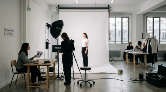 Studio de casting moderne dans une agence de mannequins parisienne avec fond blanc professionnel et éclairage studio